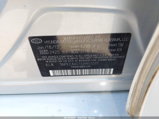 Продаж на аукціоні авто 2012 Hyundai Sonata Limited, vin: 5NPEC4AC1CH455511, номер лоту: 45048447