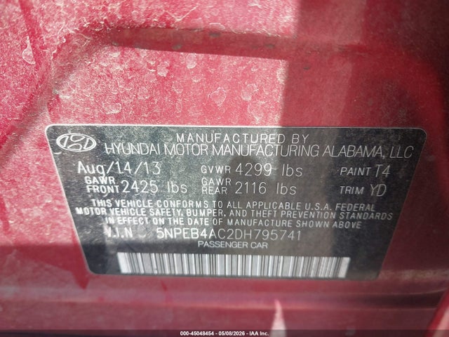 2013 Hyundai Sonata Gls მანქანა იყიდება აუქციონზე, vin: 5NPEB4AC2DH795741, აუქციონის ნომერი: 45048454