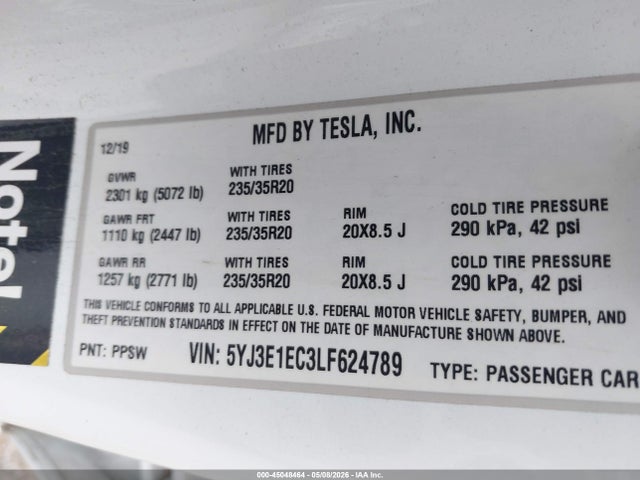 5YJ3E1EC3LF624789 Tesla Model 3 Performance Dual Motor All-wheel Drive