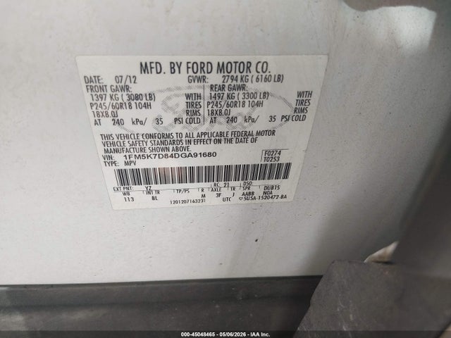 Продажа на аукционе авто 2013 Ford Explorer Xlt, vin: 1FM5K7D84DGA91680, номер лота: 45048465
