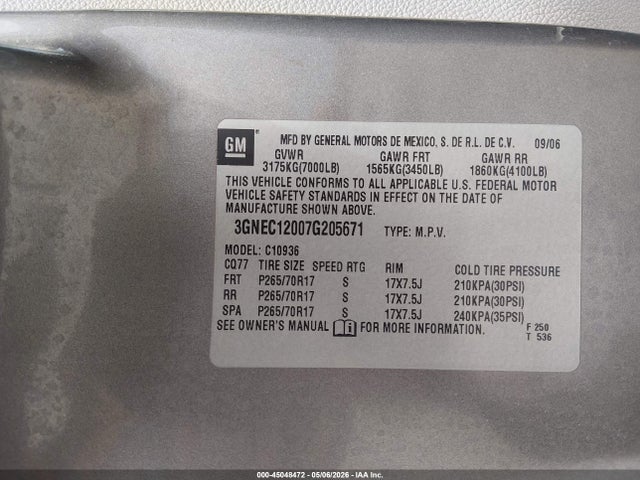 2007 Chevrolet Avalanche 1500 Lt მანქანა იყიდება აუქციონზე, vin: 3GNEC12007G205671, აუქციონის ნომერი: 45048472
