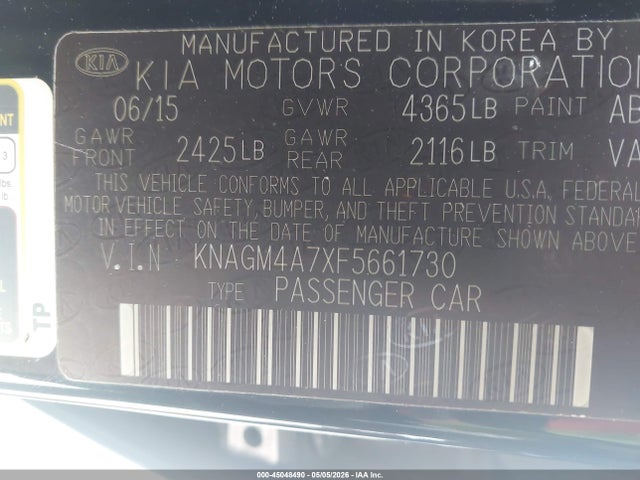 2015 Kia Optima Lx მანქანა იყიდება აუქციონზე, vin: KNAGM4A7XF5661730, აუქციონის ნომერი: 45048490