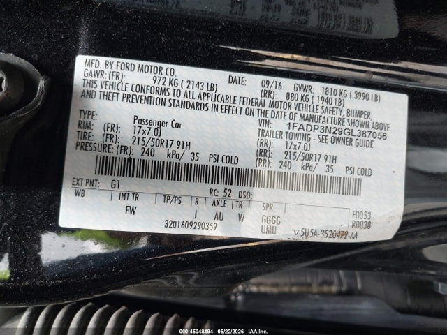 Aukcja sprzedaży 2016 Ford Focus Titanium, vin: 1FADP3N29GL387056, numer aukcji: 45048494