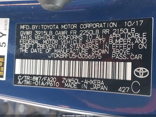 Aukcja sprzedaży 2017 Toyota Prius Two, vin: JTDKBRFU5H3056575, numer aukcji: 45048499