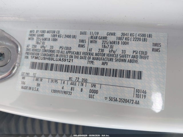 Aukcja sprzedaży 2020 Ford Escape Sel, vin: 1FMCU9H69LUA59121, numer aukcji: 45048509