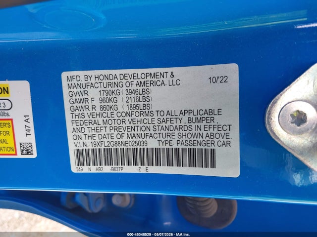 2022 Honda Civic Sport მანქანა იყიდება აუქციონზე, vin: 19XFL2G88NE025039, აუქციონის ნომერი: 45048529