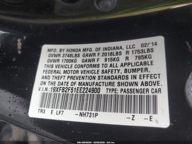 2014 Honda Civic Lx მანქანა იყიდება აუქციონზე, vin: 19XFB2F51EE224900, აუქციონის ნომერი: 45048558