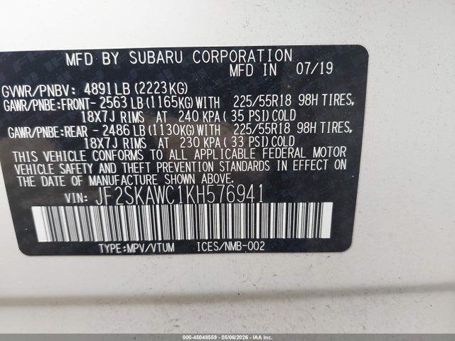 Продажа на аукционе авто 2019 Subaru Forester Touring, vin: JF2SKAWC1KH576941, номер лота: 45048559