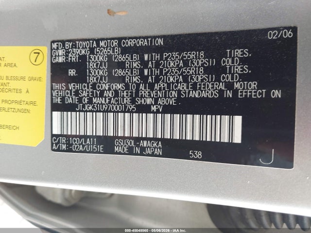 Aukcja sprzedaży 2007 Lexus Rx 350, vin: JTJGK31U970001795, numer aukcji: 45048560