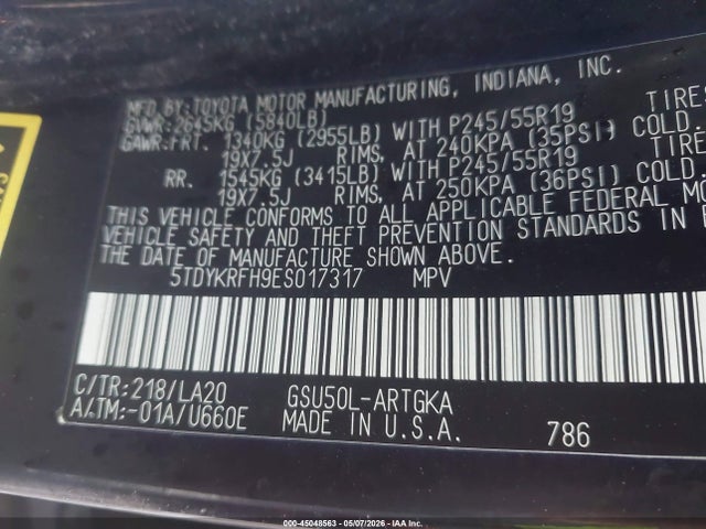 45048563 :رقم المزاد ، 5TDYKRFH9ES017317 vin ، 2014 Toyota Highlander Limited V6 مزاد بيع