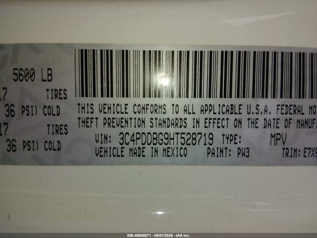 45048571 :رقم المزاد ، 3C4PDDBG9HT528719 vin ، 2017 Dodge Journey Sxt Awd مزاد بيع