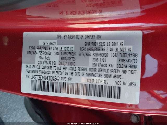 45048578 :رقم المزاد ، JM3TCBDY9M0524342 vin ، 2021 Mazda Cx-9 Grand Touring مزاد بيع