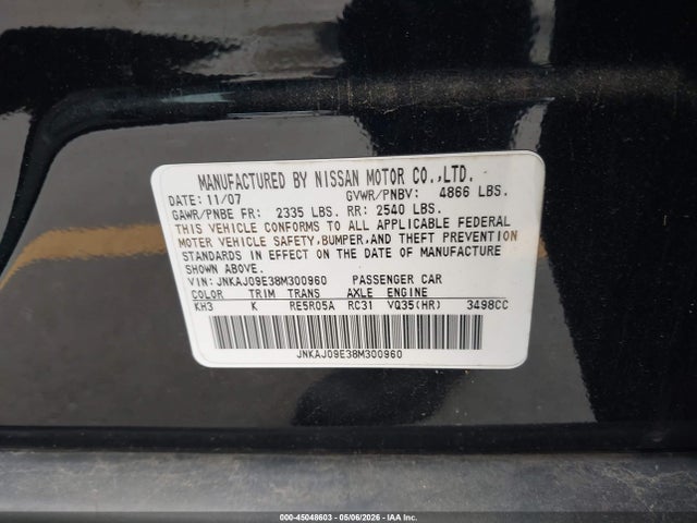 Aukcja sprzedaży 2008 Infiniti Ex35 Journey, vin: JNKAJ09E38M300960, numer aukcji: 45048603