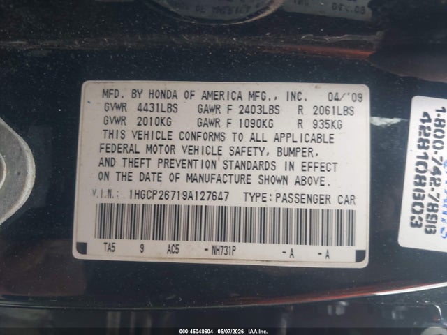 Продаж на аукціоні авто 2009 Honda Accord 2.4 Ex, vin: 1HGCP26719A127647, номер лоту: 45048604