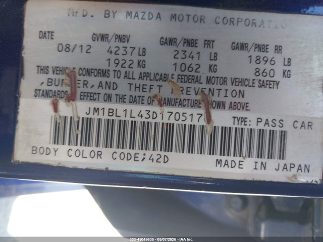 Aukcja sprzedaży 2013 Mazda Mazdaspeed3 Touring, vin: JM1BL1L43D1705170, numer aukcji: 45048605
