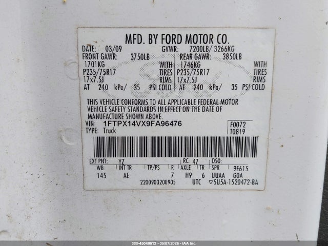 45048612 :رقم المزاد ، 1FTPX14VX9FA96476 vin ، 2009 Ford F-150 Fx4/lariat/xl/xlt مزاد بيع