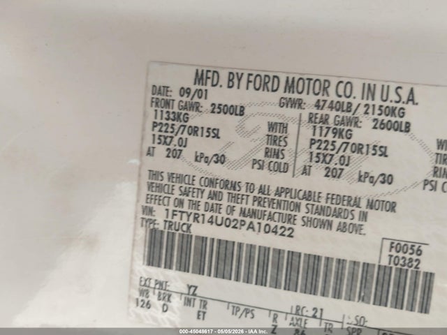 Продаж на аукціоні авто 2002 Ford Ranger Edge/tremor/xl/xlt, vin: 1FTYR14U02PA10422, номер лоту: 45048617