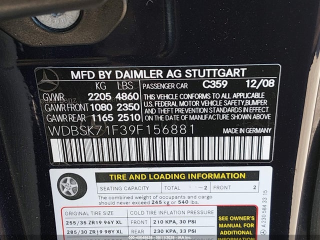 45048626 :رقم المزاد ، WDBSK71F39F156881 vin ، 2009 Mercedes-benz Sl 550 مزاد بيع