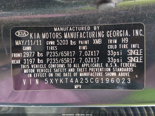 2012 Kia Sorento Lx V6 მანქანა იყიდება აუქციონზე, vin: 5XYKT4A25CG196023, აუქციონის ნომერი: 45048639