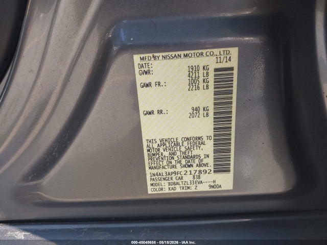Aukcja sprzedaży 2015 Nissan Altima 2.5 Sl, vin: 1N4AL3AP9FC217892, numer aukcji: 45048658