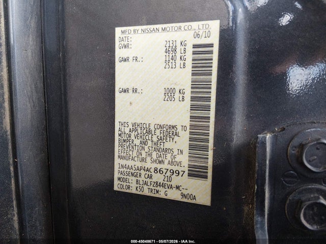 45048671 :رقم المزاد ، 1N4AA5AP4AC867997 vin ، 2010 Nissan Maxima 3.5 Sv مزاد بيع
