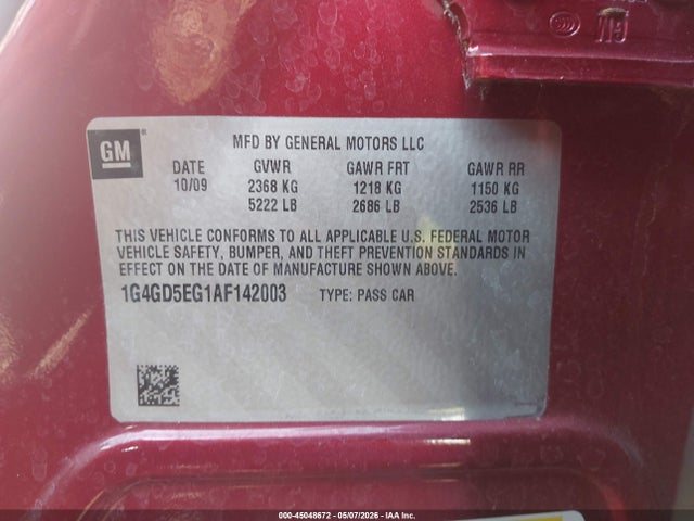 2010 Buick Lacrosse Cxl მანქანა იყიდება აუქციონზე, vin: 1G4GD5EG1AF142003, აუქციონის ნომერი: 45048672