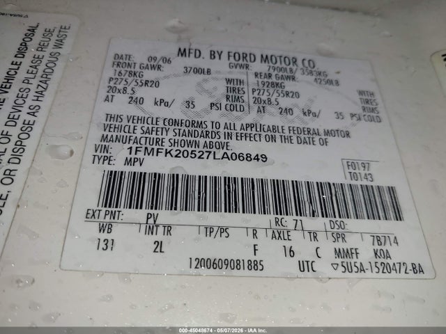 Auction sale of the 2007 Ford Expedition El Limited, vin: 1FMFK20527LA06849, lot number: 45048674
