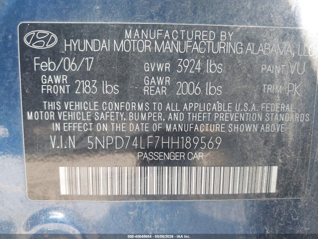 Aukcja sprzedaży 2017 Hyundai Elantra Se, vin: 5NPD74LF7HH189569, numer aukcji: 45048684