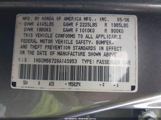 45048703 :رقم المزاد ، 1HGCM56726A145953 vin ، 2006 Honda Accord 2.4 Ex مزاد بيع