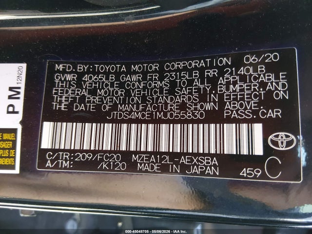 2021 Toyota Corolla Se მანქანა იყიდება აუქციონზე, vin: JTDS4MCE1MJ055830, აუქციონის ნომერი: 45048705