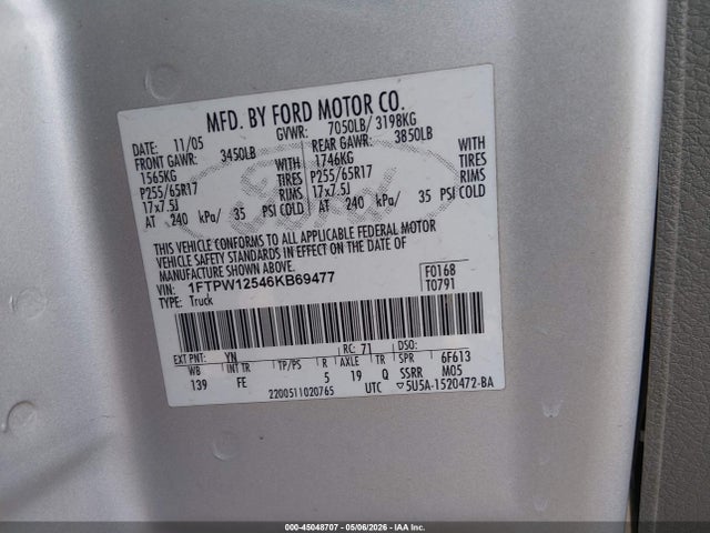 2006 Ford F-150 Lariat/xlt მანქანა იყიდება აუქციონზე, vin: 1FTPW12546KB69477, აუქციონის ნომერი: 45048707