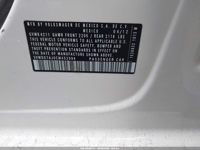 Продаж на аукціоні авто 2012 Volkswagen Jetta 2.5l Se, vin: 3VWDX7AJ0CM452994, номер лоту: 45048711