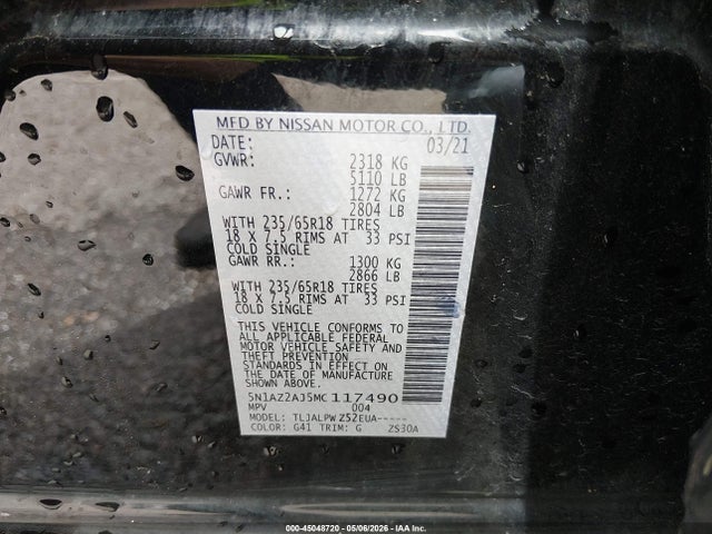2021 Nissan Murano S Fwd მანქანა იყიდება აუქციონზე, vin: 5N1AZ2AJ5MC117490, აუქციონის ნომერი: 45048720