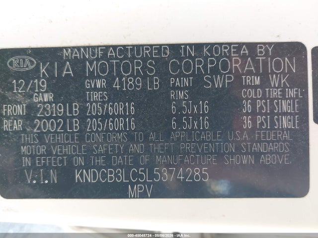 Aukcja sprzedaży 2020 Kia Niro Lxs, vin: KNDCB3LC5L5374285, numer aukcji: 45048724