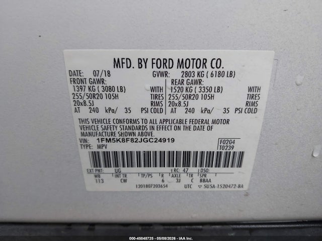 Продажа на аукционе авто 2018 Ford Explorer Limited, vin: 1FM5K8F82JGC24919, номер лота: 45048725
