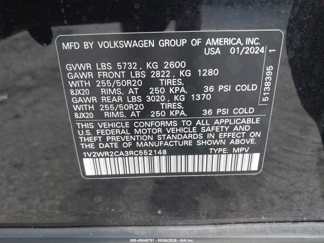 45048751 :رقم المزاد ، 1V2WR2CA3RC552148 vin ، 2024 Volkswagen Atlas 2.0t Se W/technology مزاد بيع