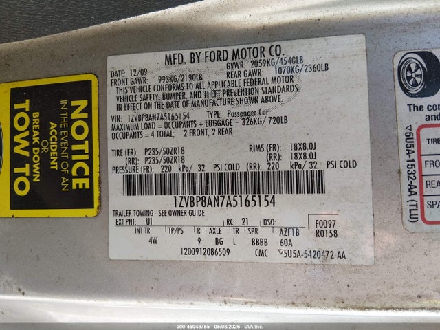 Продаж на аукціоні авто 2010 Ford Mustang V6/v6 Premium, vin: 1ZVBP8AN7A5165154, номер лоту: 45048755