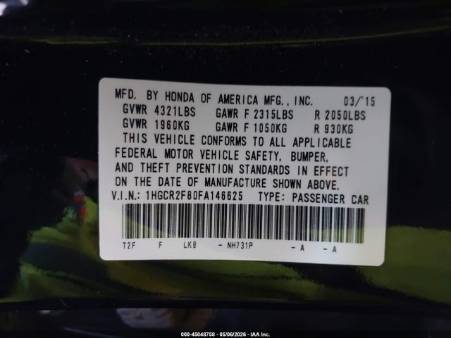 45048758 :رقم المزاد ، 1HGCR2F80FA146625 vin ، 2015 Honda Accord Ex-l مزاد بيع