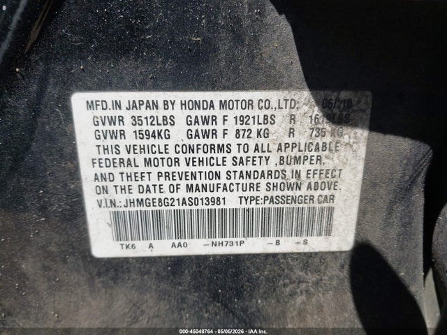 Aukcja sprzedaży 2010 Honda Fit, vin: JHMGE8G21AS013981, numer aukcji: 45048764
