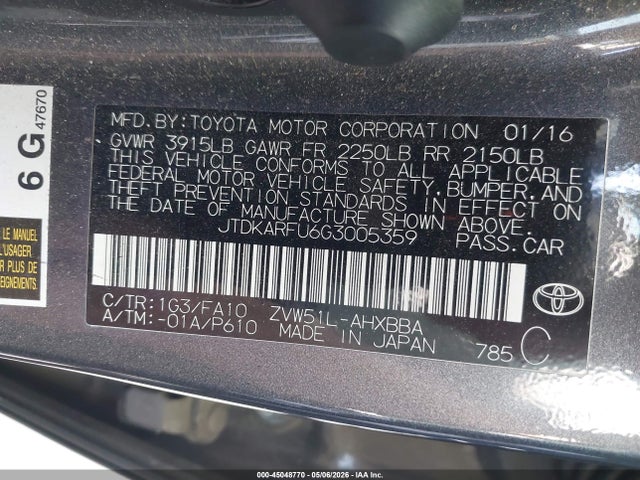Продажа на аукционе авто 2016 Toyota Prius Two Eco, vin: JTDKARFU6G3005359, номер лота: 45048770