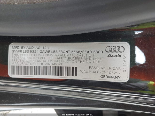 Aukcja sprzedaży 2012 Audi A7 Premium, vin: WAU2GAFC7CN106297, numer aukcji: 45048771
