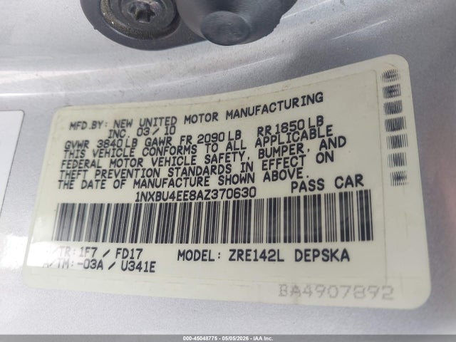 Aukcja sprzedaży 2010 Toyota Corolla S, vin: 1NXBU4EE8AZ370630, numer aukcji: 45048775