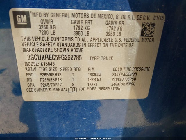 45048777 :رقم المزاد ، 3GCUKREC5FG252785 vin ، 2015 Chevrolet Silverado 1500 1lt مزاد بيع