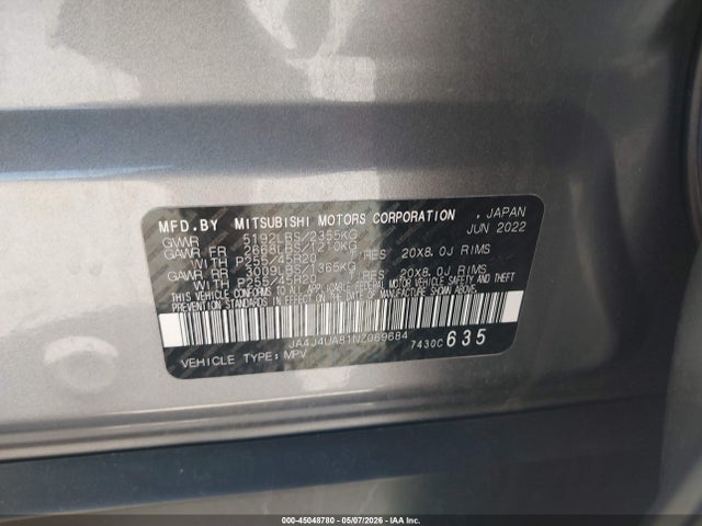 Aukcja sprzedaży 2022 Mitsubishi Outlander Black Edition S-awc, vin: JA4J4UA81NZ069684, numer aukcji: 45048780