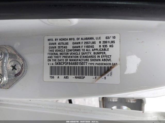 2010 Honda Accord 3.5 Ex-l მანქანა იყიდება აუქციონზე, vin: 5KBCP3F84AB015077, აუქციონის ნომერი: 45048798