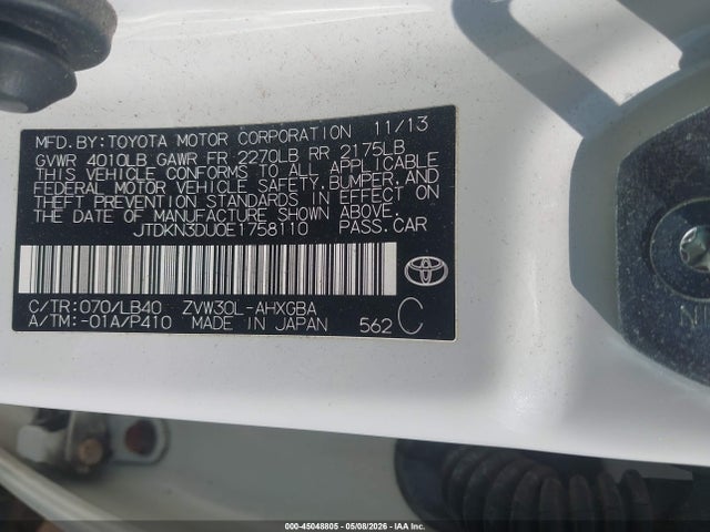 Aukcja sprzedaży 2014 Toyota Prius Four, vin: JTDKN3DU0E1758110, numer aukcji: 45048805