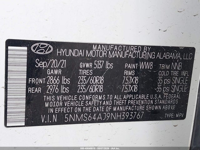 2022 Hyundai Santa Fe Xrt მანქანა იყიდება აუქციონზე, vin: 5NMS64AJ9NH393767, აუქციონის ნომერი: 45048818