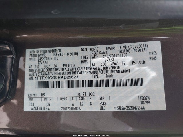 Ford F-150 Xl 2017 1FTFX1CG9HKD25623 Image 9