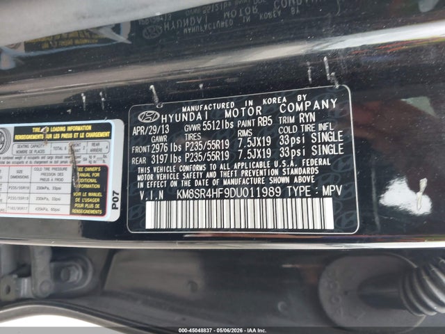 Aukcja sprzedaży 2013 Hyundai Santa Fe Limited, vin: KM8SR4HF9DU011989, numer aukcji: 45048837