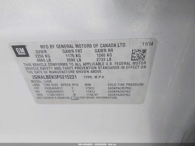 Aukcja sprzedaży 2015 Chevrolet Equinox 1lt, vin: 2GNALBEK3F6215221, numer aukcji: 45048851